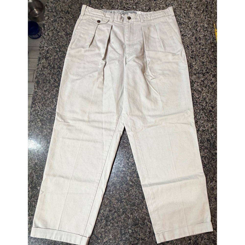 Savane Mens Pleated Chino Pants 34x30 Stone‎ Beige Cotton Scotchguard Cuffed